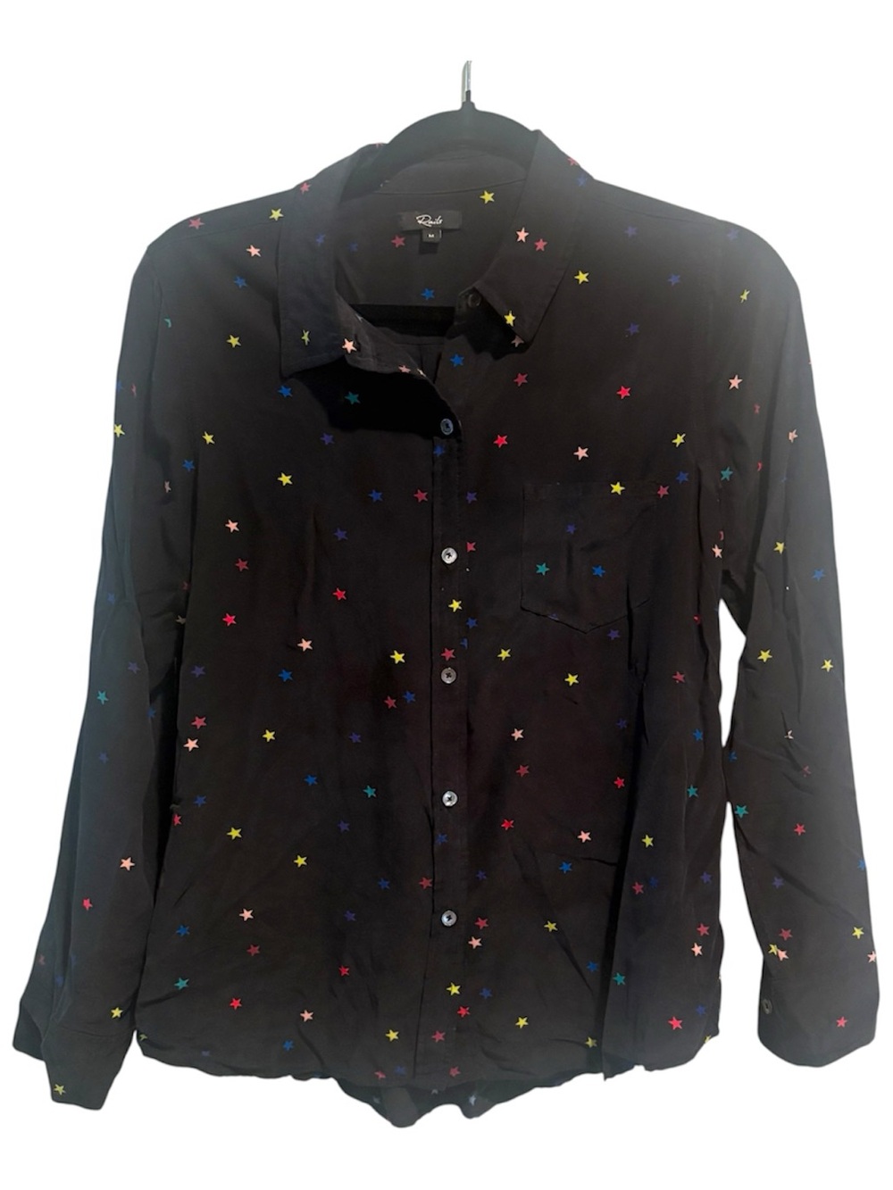 Rails Kate Rainbow Stars 100% Silk Shirt Blouse Top Black M Celestial Whimsical